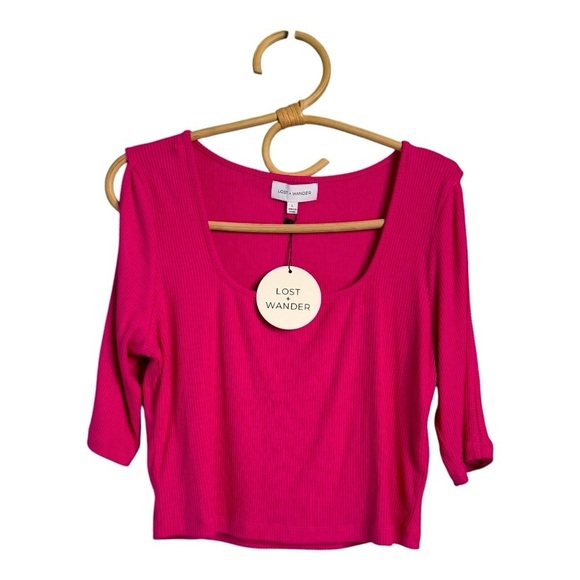 lost and wander Tops - Lost + Wander Pink Cropped Ribbed Top with Cutout Elbow Length Sleeves NEW Large